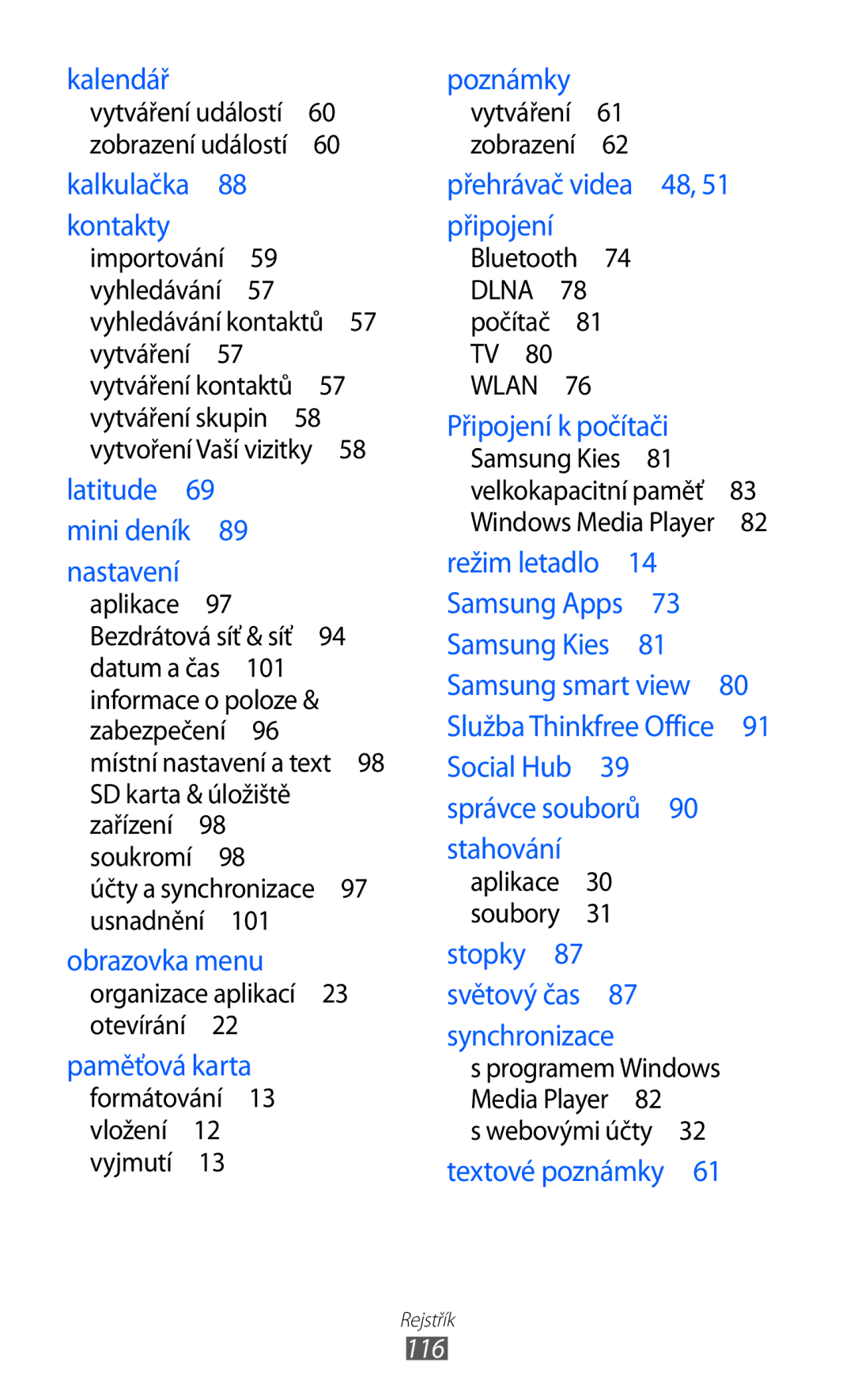 Samsung YP-G70EW/XEZ, YP-G70CW/XEZ, YP-G70EB/XEZ Usnadnění , Bluetooth 74 Dlna 78 počítač 81 TV 80 WLAN , Webovými účty  